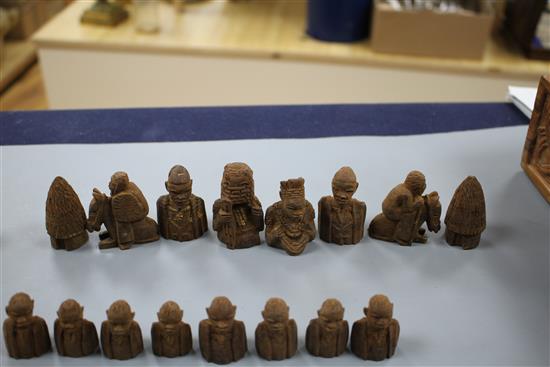 An East African carved wood chess set, kings 5cm, in carved hardwood box, possibly from The Cameroon
